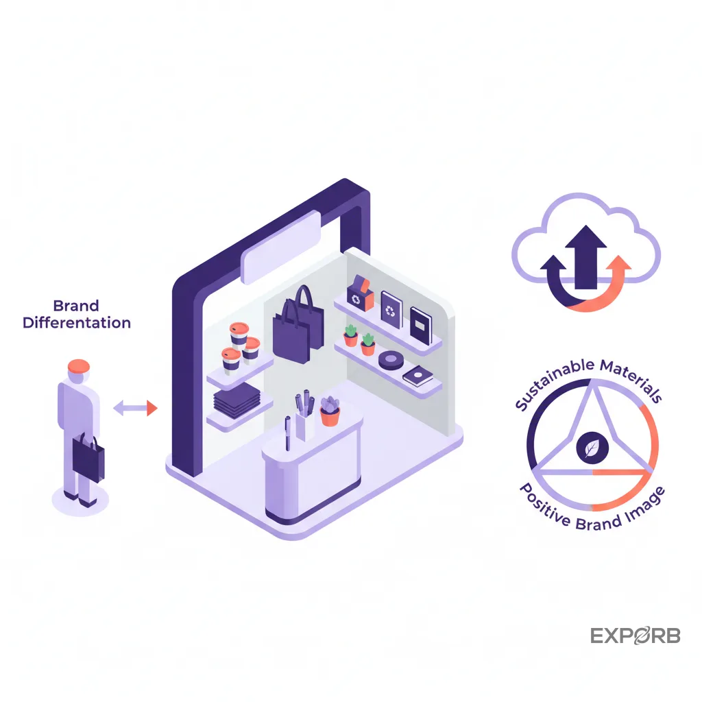 Trade show booth featuring sustainable and eco-friendly promotional products