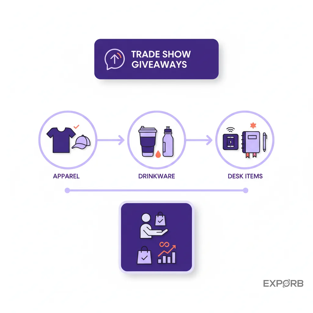 Selection of high-quality trade show giveaways including apparel, drinkware, and desk items