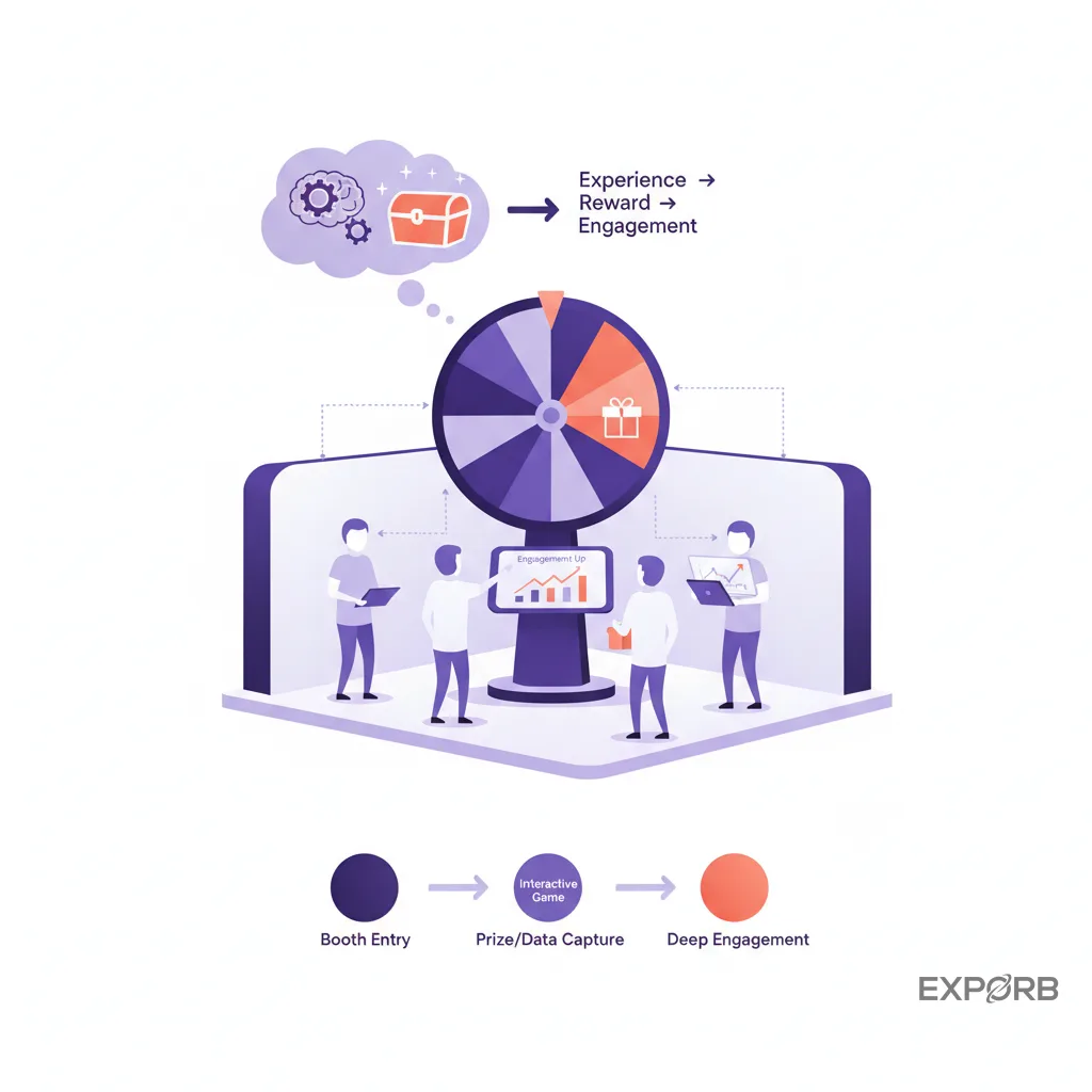 Trade show booth with an interactive game or prize wheel attracting attendees
