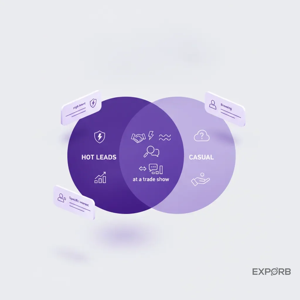 Venn diagram comparing the characteristics of hot leads versus casual visitors at a trade show.