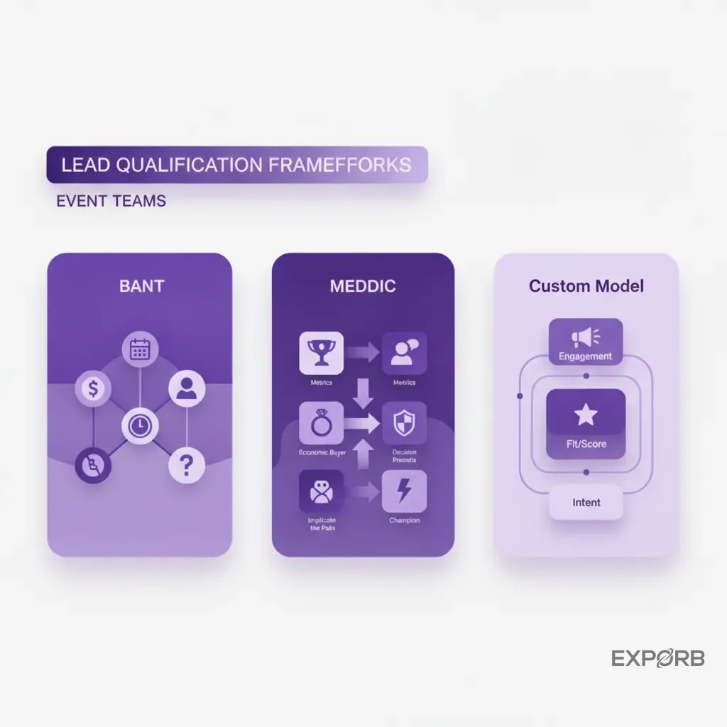 Infographic comparing three lead qualification frameworks: BANT, MEDDIC, and a custom model.