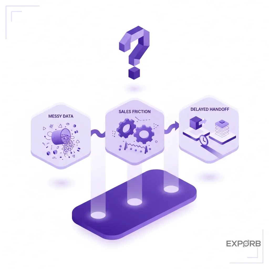 Icon composition showing three common follow-up challenges: messy data, sales friction, and delayed handoff.