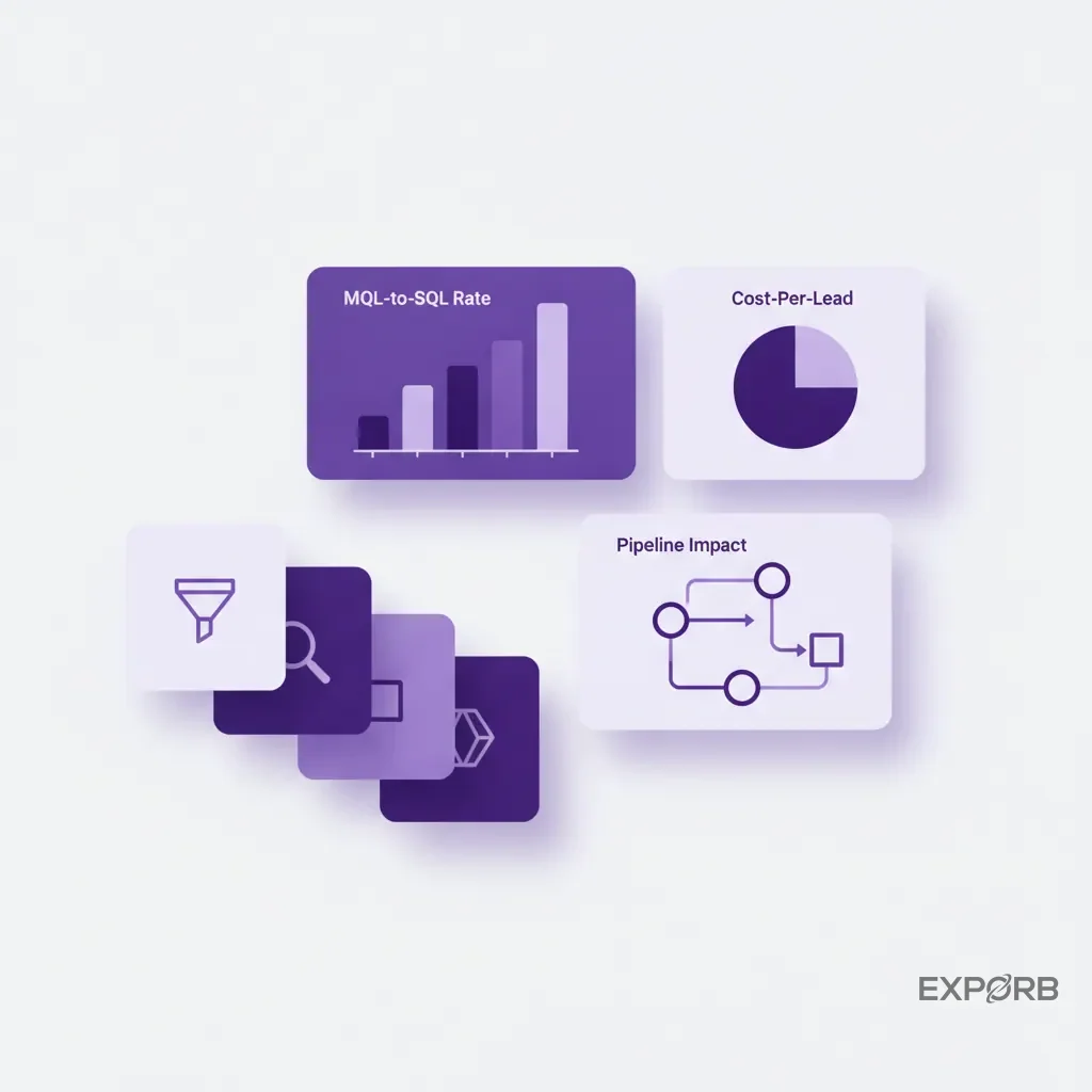 Dashboard infographic displaying key event performance metrics like MQL-to-SQL rate, cost-per-lead, and pipeline impact.