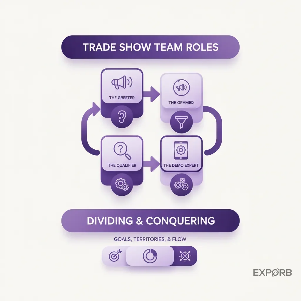 Organizational chart showing team roles at a trade show: The Greeter, The Qualifier, The Demo Expert, The Roamer.