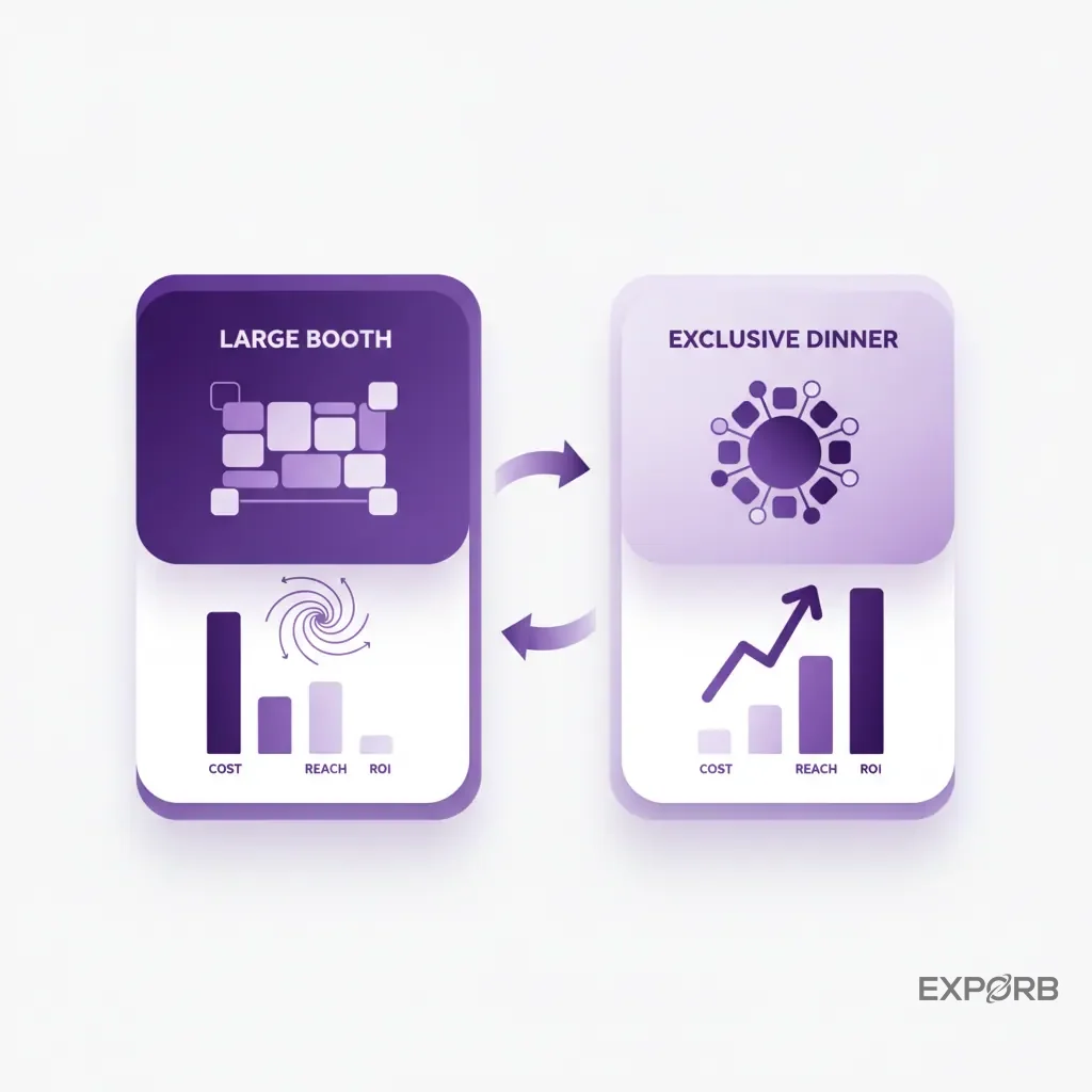 Infographic comparing the ROI of a large booth vs. a small, exclusive dinner event for high-value contacts.