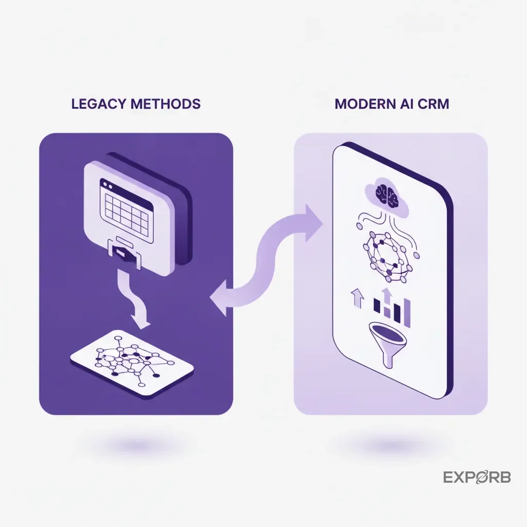 Comparison panel showing the difference between legacy lead capture methods (spreadsheets, badge scanners) and modern AI-powered CRM tools.