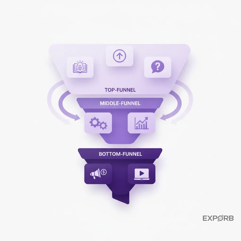 Infographic showcasing a content funnel, from top-funnel tip sheets to bottom-funnel case studies and demo offers.