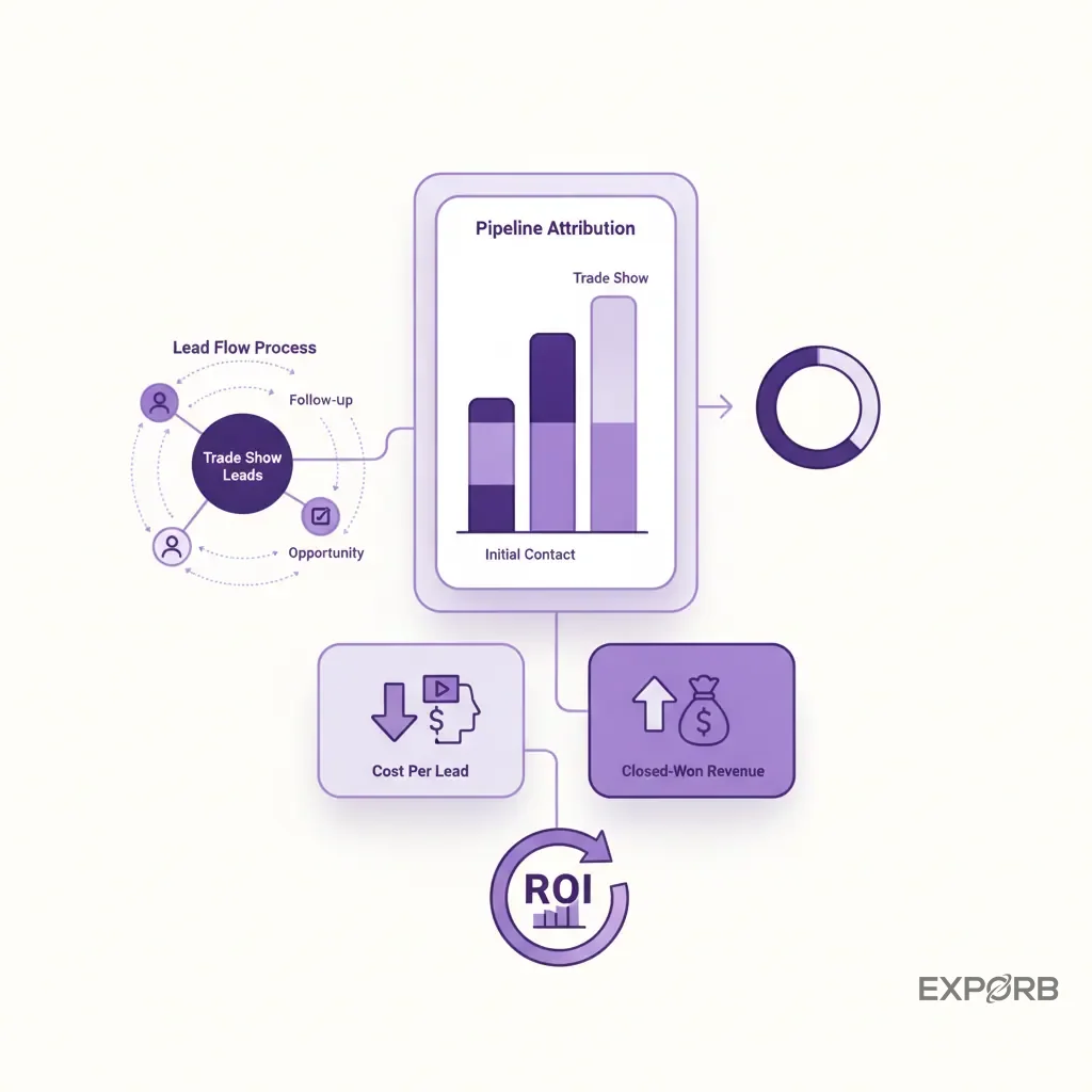 A sample CRM dashboard showing key trade show ROI metrics like cost per lead, pipeline attribution, and closed-won revenue from the event.
