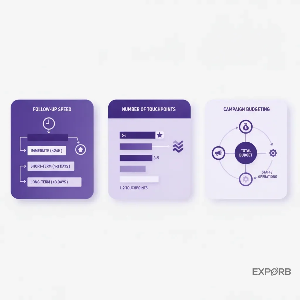Icon composition answering common questions about follow-up speed, number of touchpoints, and campaign budgeting.