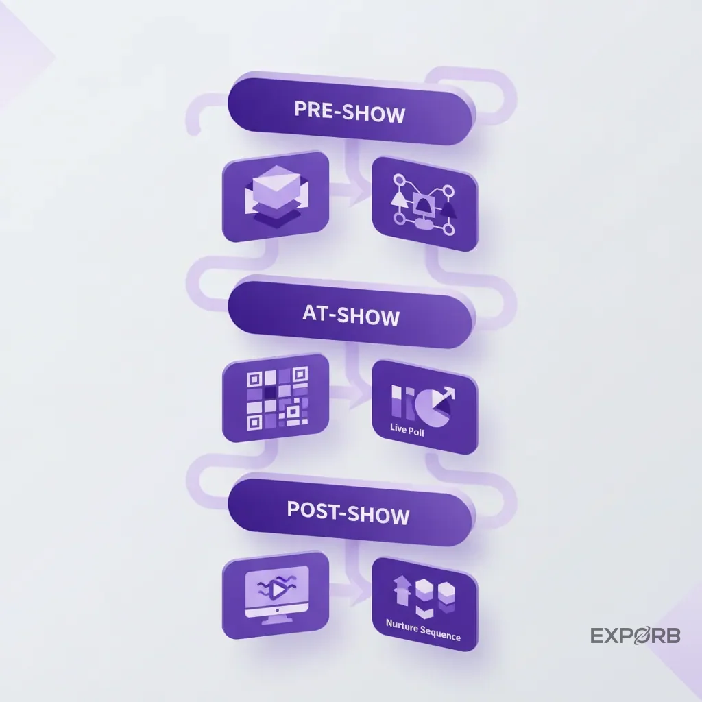 Flowchart diagram of a multi-channel marketing playbook: 'Pre-Show' (Email, LinkedIn), 'At-Show' (QR Codes, Live Polls), and 'Post-Show' (Webinars, Nurture).