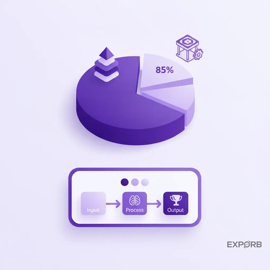 رسم بياني يوضح قاعدة 85%: مخطط دائري حيث 85% مُصنفة "أداء الموظفين" و 15% "تصميم الجناح وعوامل أخرى" لنجاح العارض.