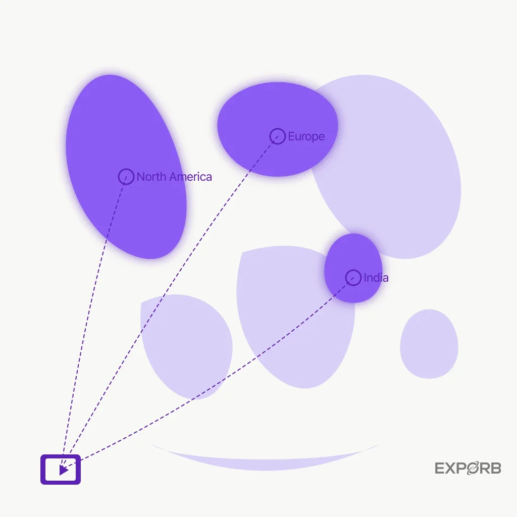 Weltkarte-Infografik, die wichtige Wachstumsregionen für virtuelle Events hervorhebt, mit Beschriftungen für Nordamerika, Europa und einem Scheinwerfer auf Indien.