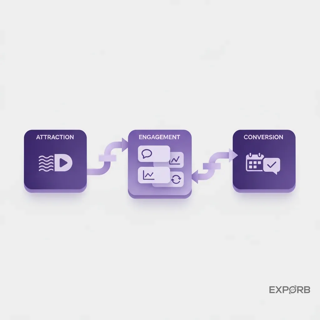 Flussdiagramm, das eine virtuelle Stand-User-Journey von Anziehung (Inhalt) über Engagement (interaktive Tools) bis zur Konversion (Meeting-Buchung) illustriert.