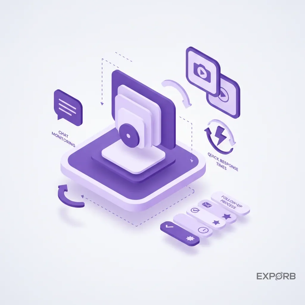 Icon-Komposition, die Schlüsselelemente des virtuellen Vertriebstrainings zeigt: Chat-Überwachung, Videoanrufe, schnelle Reaktionszeiten und einen Follow-up-Prozess.