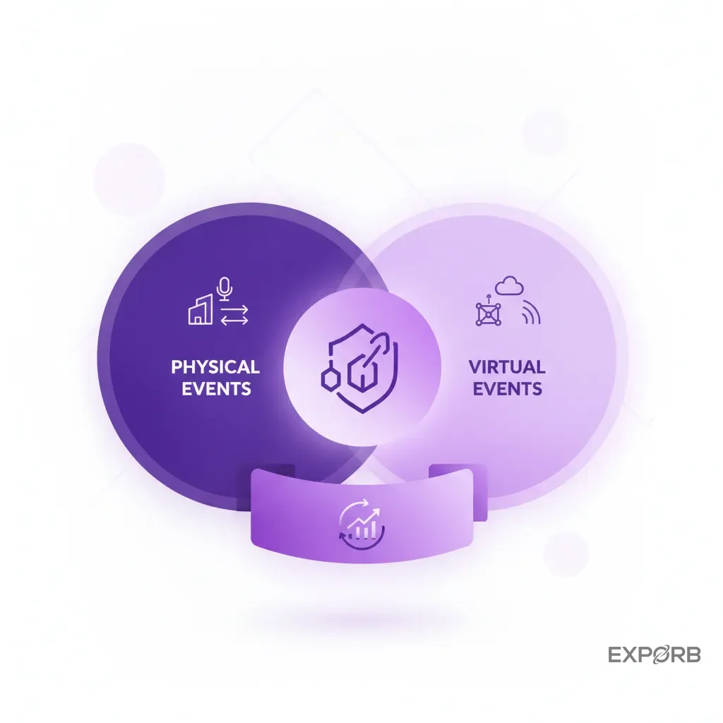 Venn-Diagramm, das die Schnittmenge von physischen Events (tiefes Networking) und virtuellen Events (weite Reichweite) zeigt, wobei der überlappende Bereich mit 'Amplified ROI' beschriftet ist.