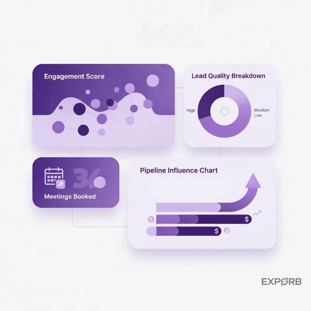 Dashboard-Infografik, die wichtige Metriken virtueller Events anzeigt: Engagement-Score, Aufschlüsselung der Lead-Qualität, gebuchte Meetings und Pipeline-Einfluss-Diagramm.