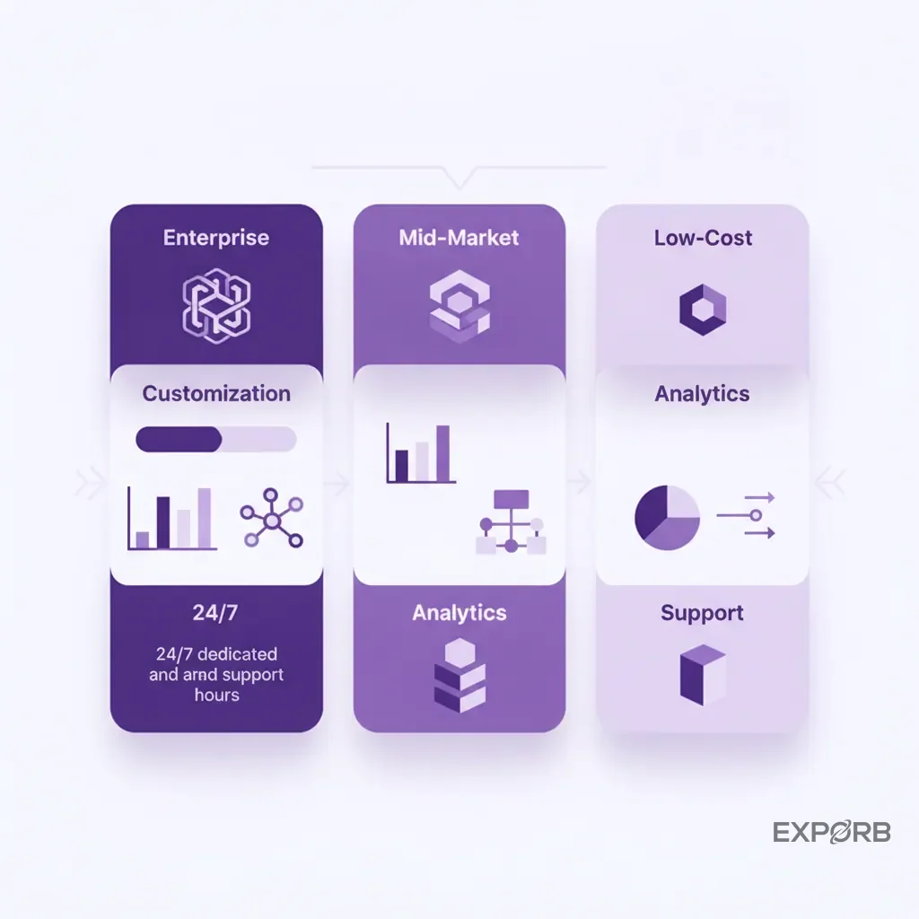 Infografik, die Funktionen von Enterprise-, Mid-Market- und Low-Cost-Plattformen für virtuelle Events in Kategorien wie Anpassung, Analyse und Support vergleicht.