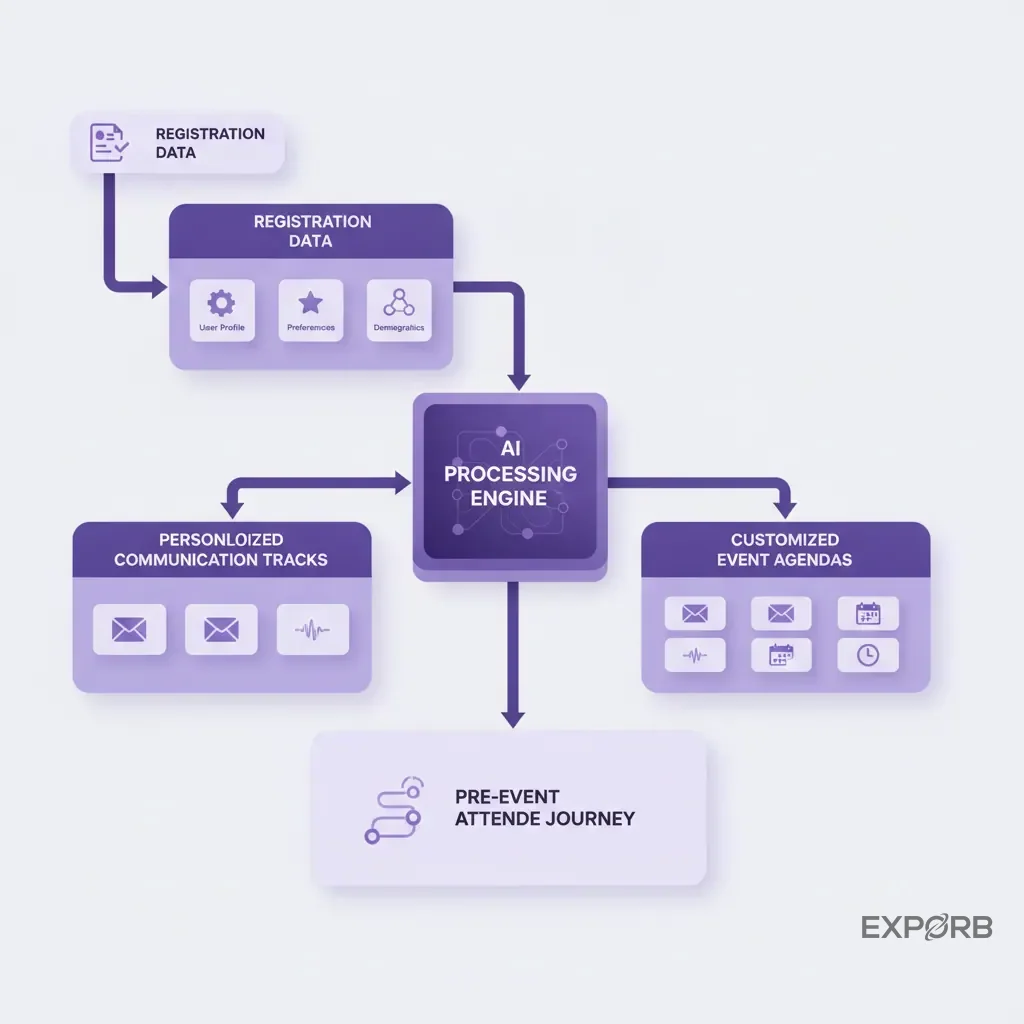Flowchart illustrating how AI uses registration data to create personalized communication tracks and agendas for event attendees.
