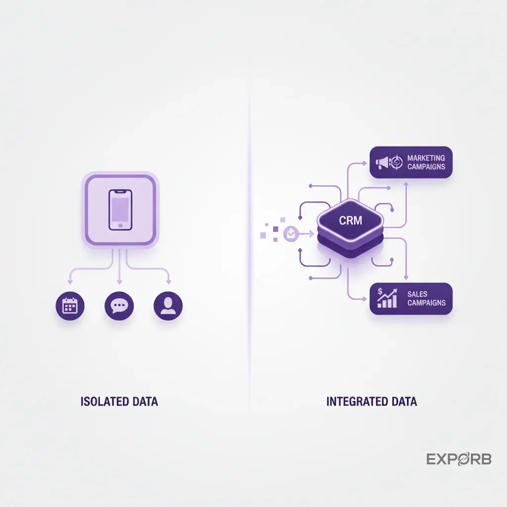 Diagram showing event data being isolated in an app versus being integrated into a central CRM to fuel sales and marketing campaigns.