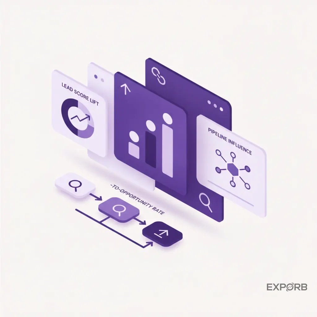 A dashboard showing key ROI metrics for event personalization, such as lead score lift, meeting-to-opportunity rate, and pipeline influence.