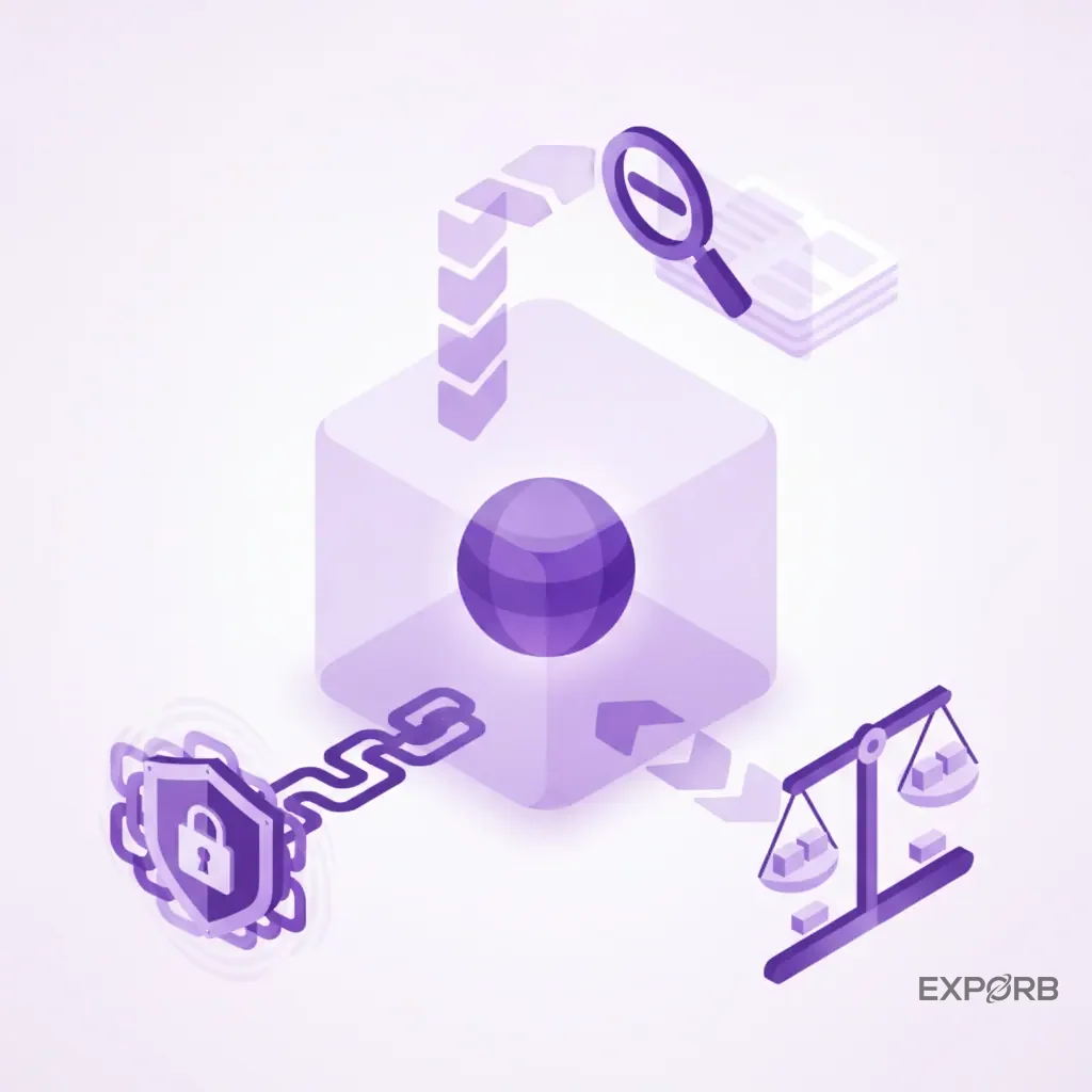 Icon composition representing data transparency, security, and fairness in AI algorithms.
