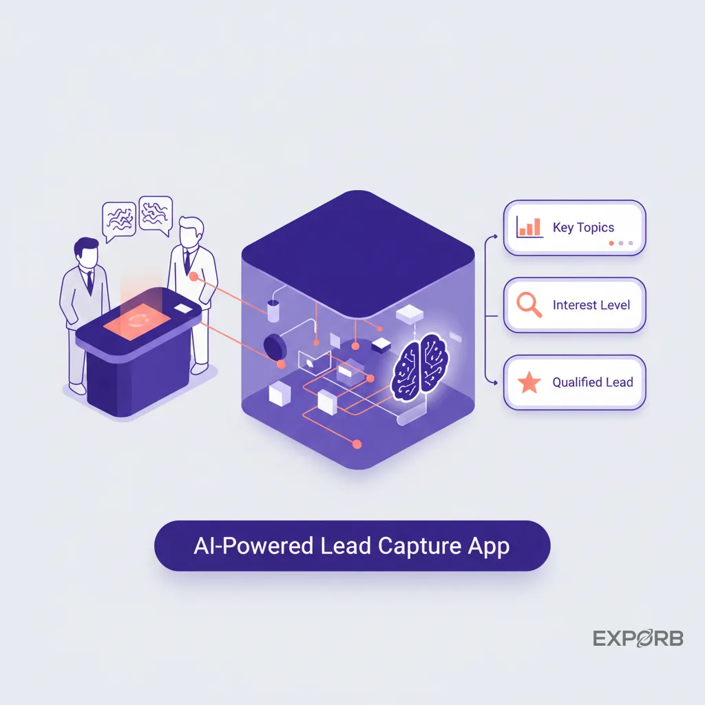 Uma ilustração de IA analisando dados de conversas de uma reunião de feira