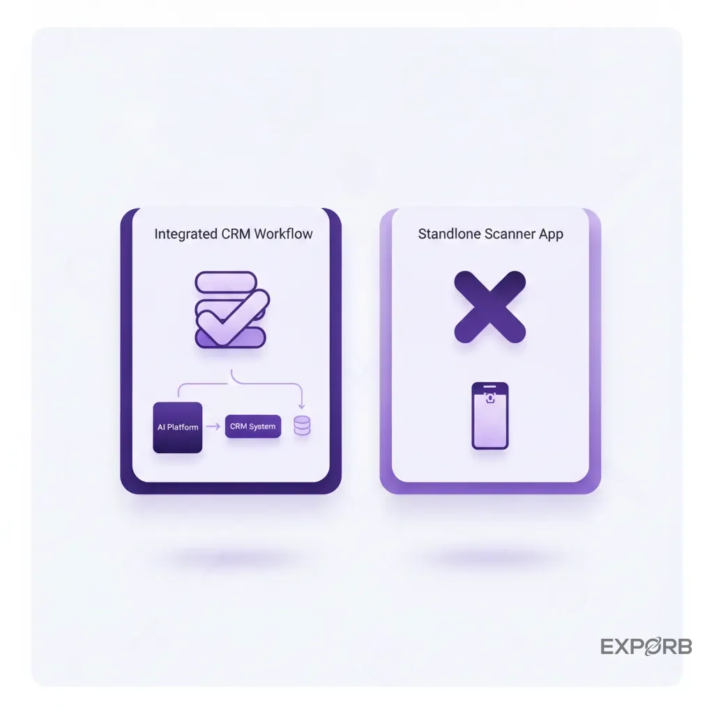 Panneau de comparaison montrant une coche pour un flux de travail CRM intégré et une croix pour une application de scanner autonome.