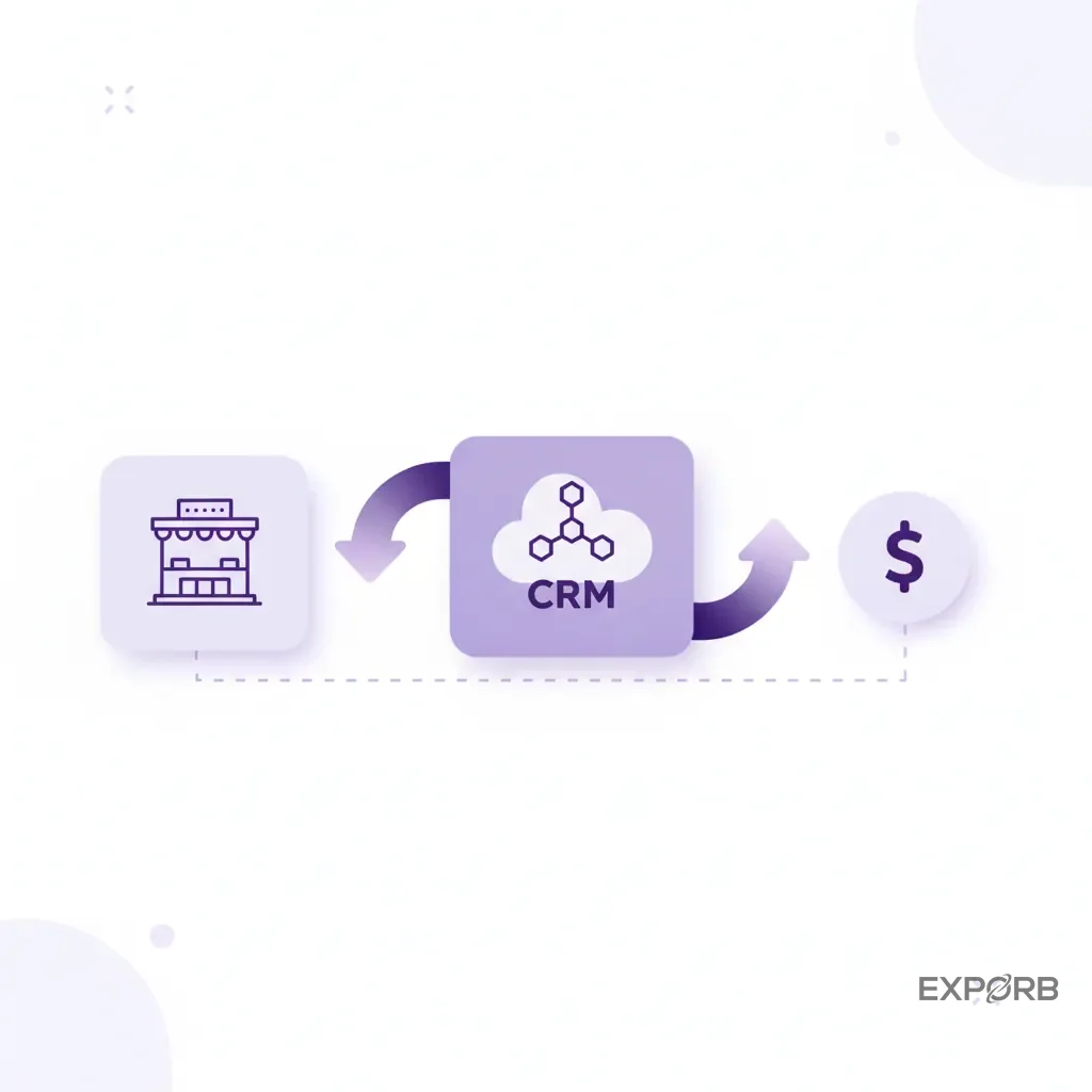 Graphique montrant un chemin de données clair d'une icône de conversation de stand à un logo CRM et finalement à une icône de dollar, illustrant l'attribution du ROI.