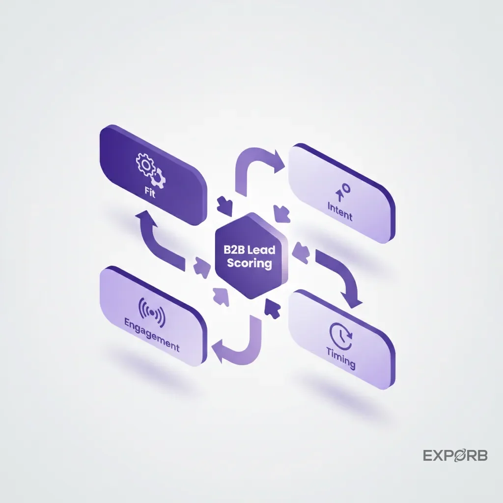 Infographic showing the four core components of modern B2B lead scoring: Fit, Engagement, Intent, and Timing