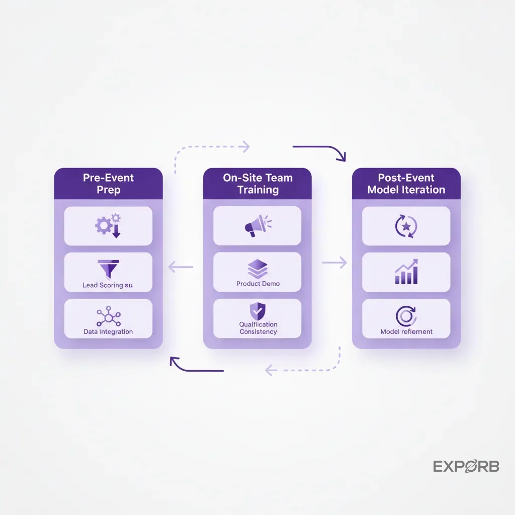 Checklist infographic outlining pre-event prep, on-site team training, and post-event model iteration