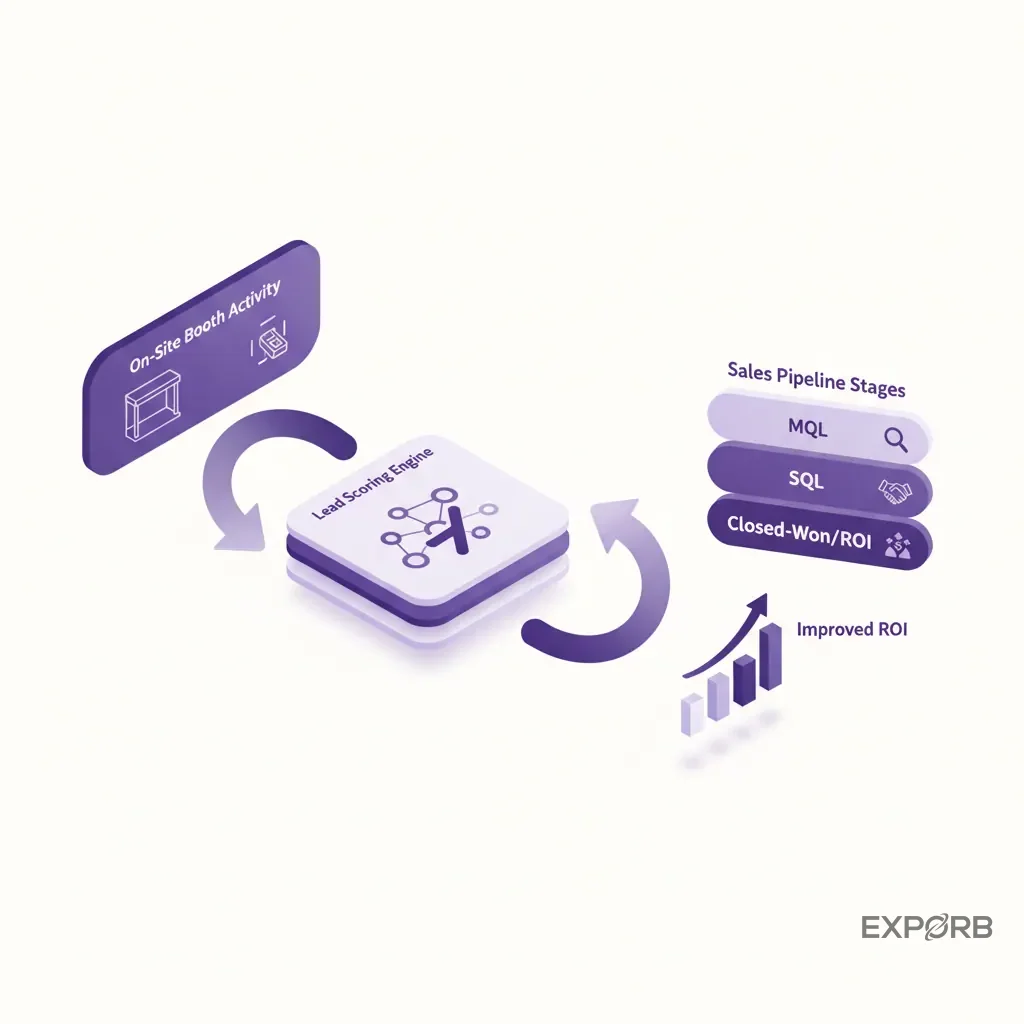 Diagram showing how lead scoring connects on-site booth activity directly to sales pipeline stages, improving ROI
