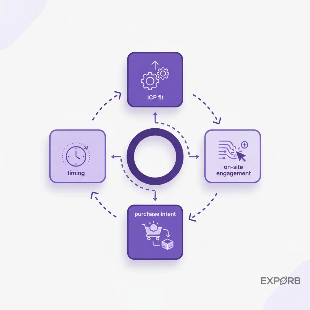 Icon composition illustrating the four pillars of lead scoring: ICP fit, on-site engagement, purchase intent, and timing