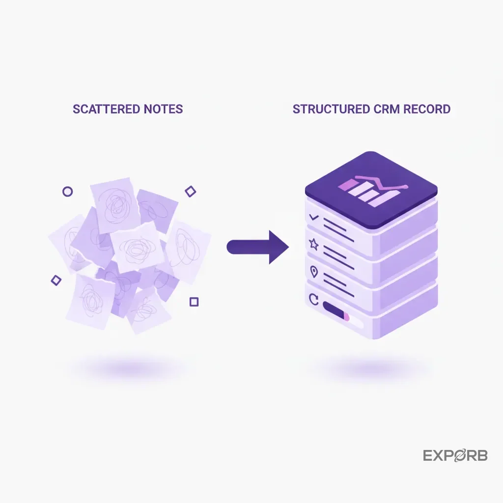 Diagram showing the contrast between scattered, messy notes and a structured, scorable CRM record for a single lead