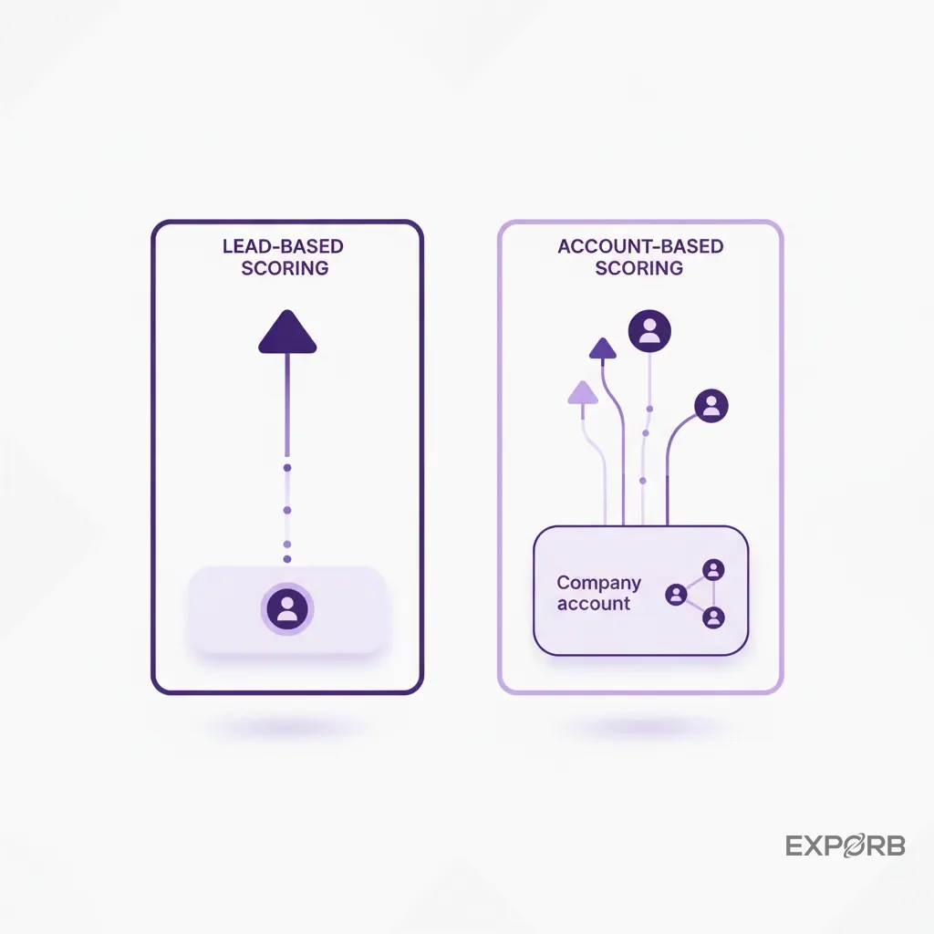 Diagram contrasting lead-based scoring (one person) with account-based scoring (multiple contacts at one company)