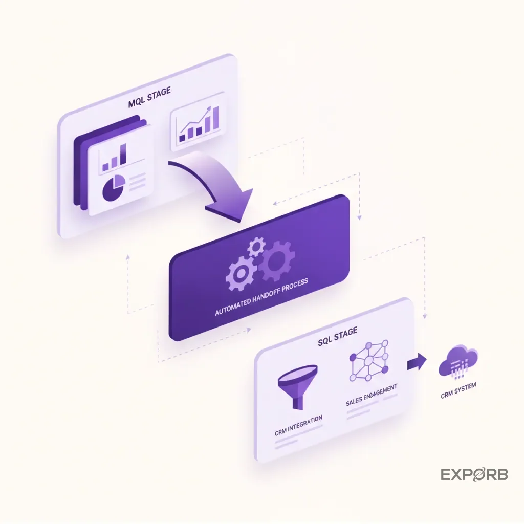 Infographic showing the MQL and SQL scoring thresholds and the automated handoff process to a CRM