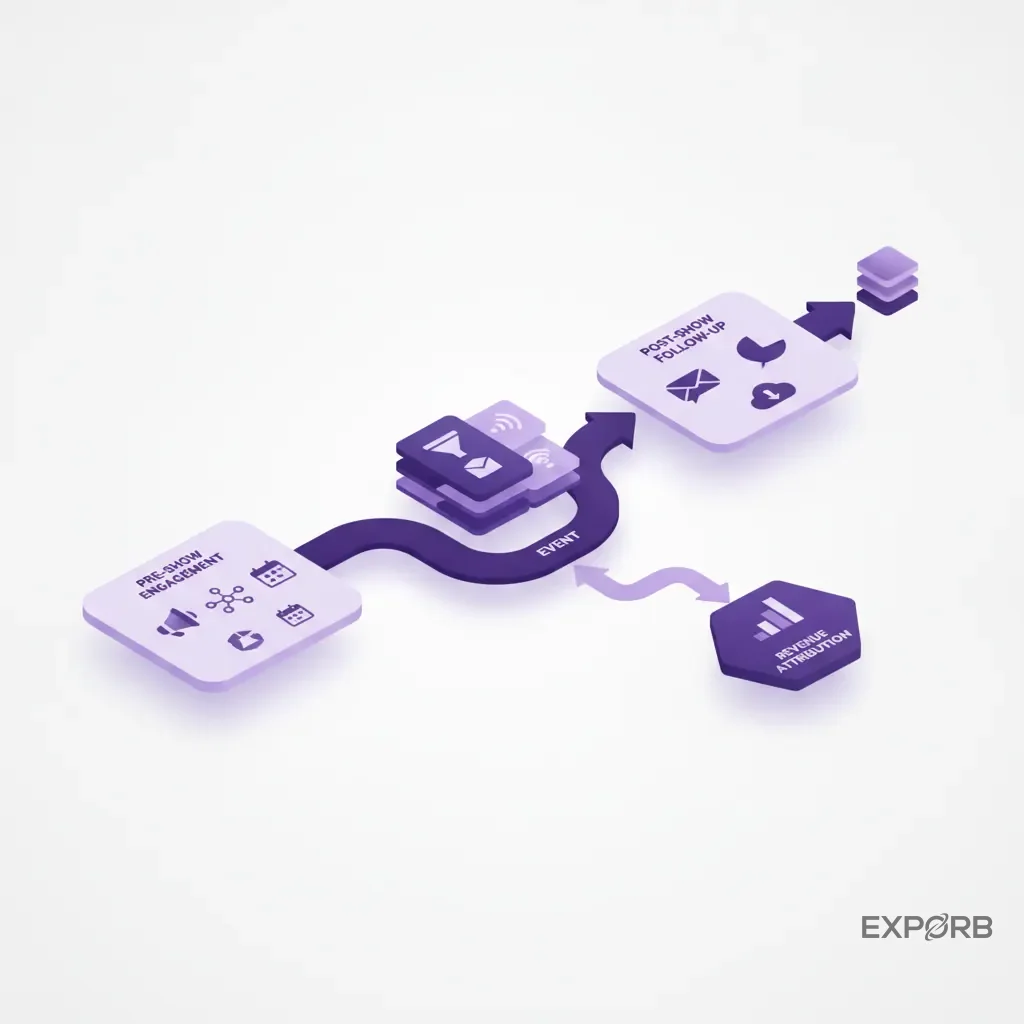 Diagram showing the full event lead lifecycle from pre-show engagement to post-show revenue attribution