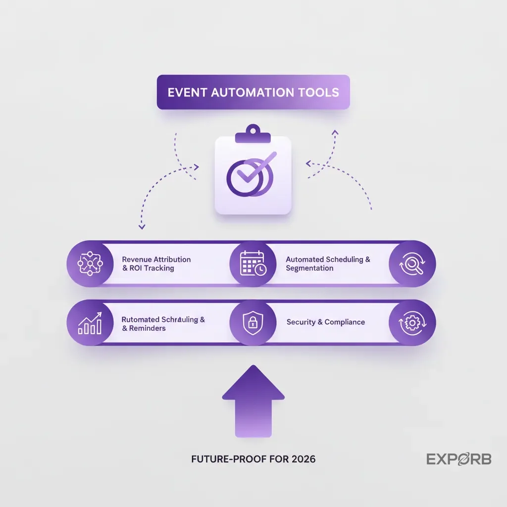 Checklist infographic with key has to look for in an event automation tool for 2026