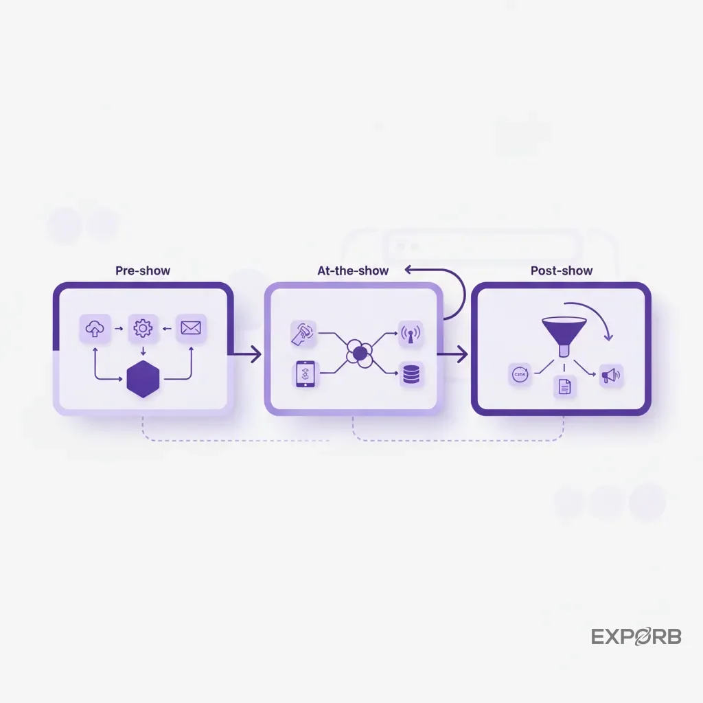 Three-stage process flow diagram: Pre-show, At-the-show, Post-show automation workflows