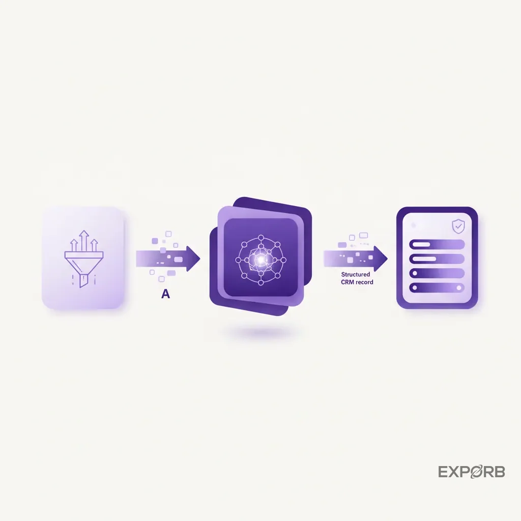 Infographic showing data flowing from a conversation into an AI analysis engine and then into a structured CRM record