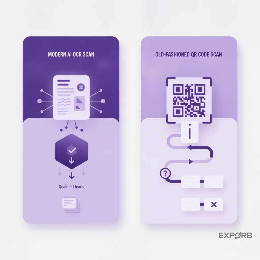Comparison panel showing a modern AI OCR scan vs an old-fashioned QR code scan interface