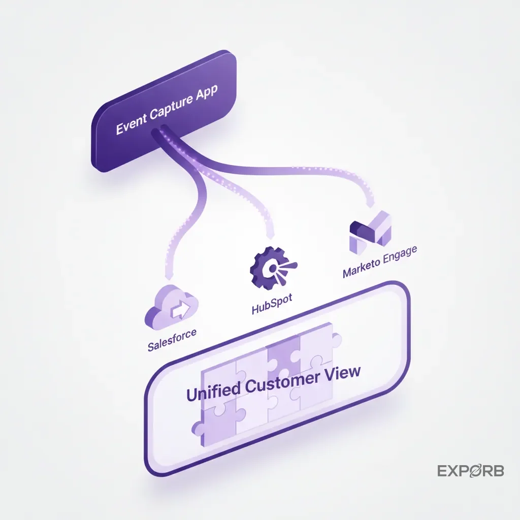 Diagram showing data flowing from an event capture app into Salesforce, HubSpot, and Marketo Engage icons