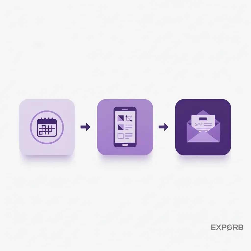 Icon composition showing a calendar for pre-show booking, a mobile app for in-event info, and a personalized email for post-event follow-up