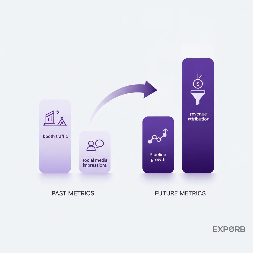 Bar chart showing a shift from vanity metrics like booth traffic to revenue attribution and pipeline growth