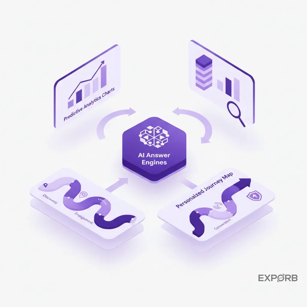 Infographic depicting future tech trends like AI answer engines, predictive analytics charts, and personalized journey maps