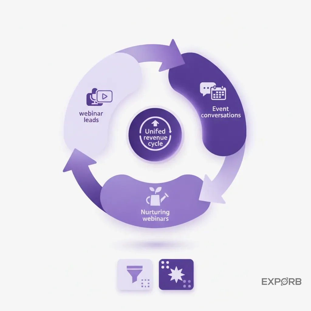 Infographic showing a flywheel where webinar leads feed into event conversations, which then feed back into nurturing webinars, creating a unified revenue cycle.