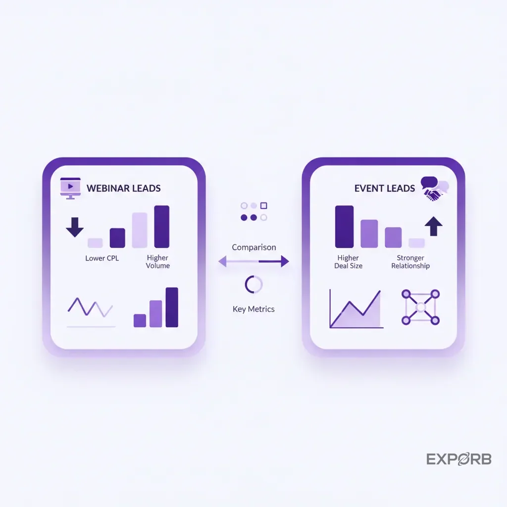 A side-by-side infographic comparing key metrics for webinar leads (e.g., lower CPL, higher volume) and event leads (e.g., higher deal size, stronger relationship).