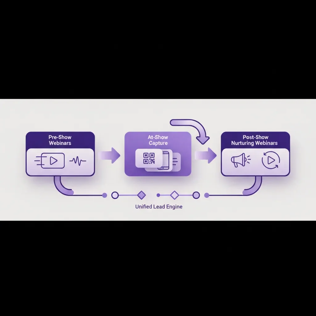 Flowchart diagram showing the three stages of a unified lead engine: pre-show webinars, at-show conversation capture, and post-show nurturing webinars.