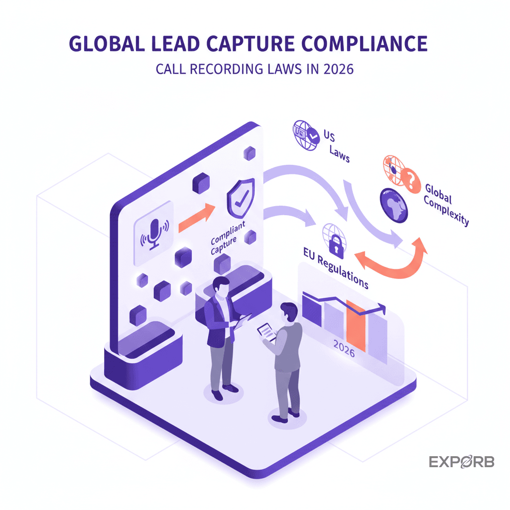 Expositor teniendo una conversación en un stand moderno de feria comercial, destacando la importancia de la captura de leads conforme a la normativa