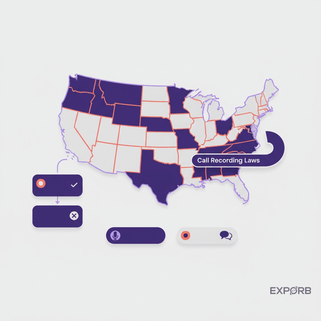 Mapa de Estados Unidos destacando estados con leyes de consentimiento de una parte vs. todas las partes para grabación de llamadas