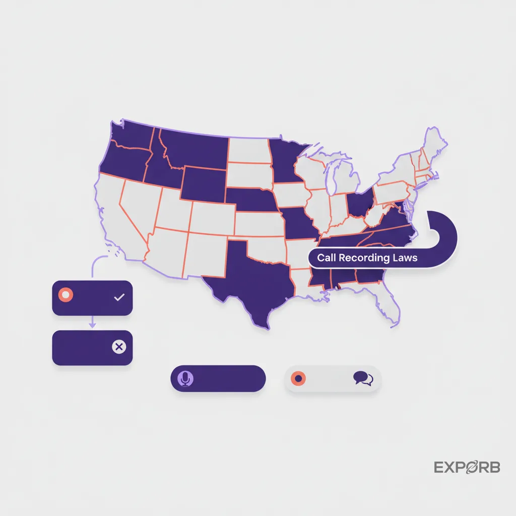 Map of the United States highlighting states with one-party vs all-party consent laws for call recording